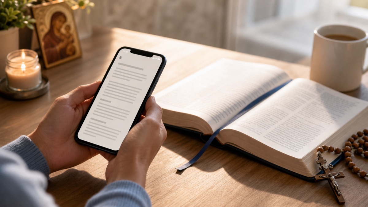 Pessoa lendo a Bíblia Católica no celular ao lado de uma Bíblia aberta