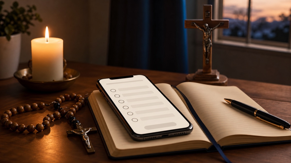 Pessoa fazendo exame de consciência à noite com celular, caderno e luz suave