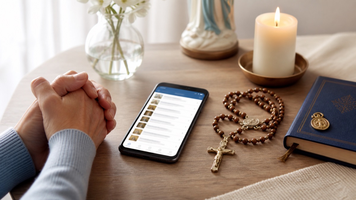 Mesa com celular aberto em orações católicas, vela, terço e caderno de oração