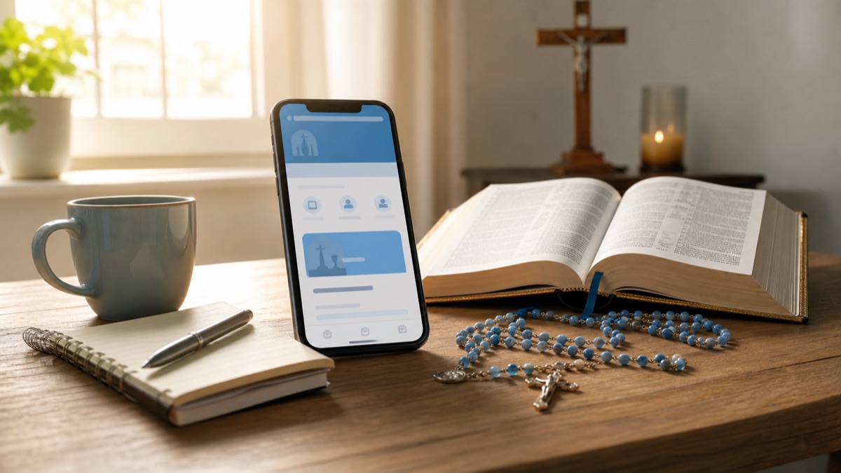 Pessoa lendo a liturgia diária católica em um celular sobre uma mesa com Bíblia e terço