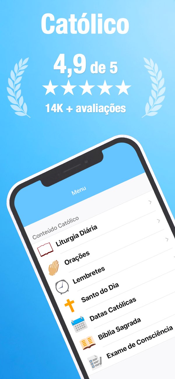 Tela inicial do app Católico com nota 4,9, liturgia diária, orações, lembretes, Santo do Dia, datas católicas, Bíblia Sagrada e exame de consciência