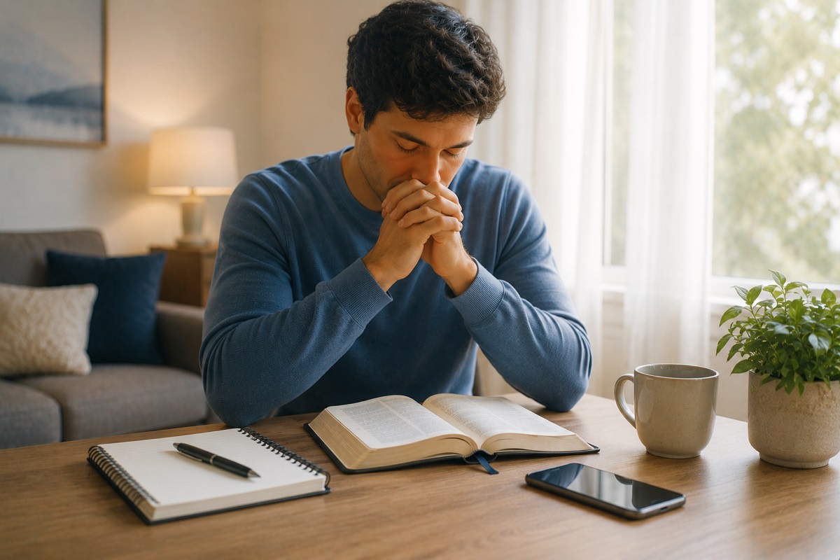 Pessoa em oração com Bíblia, caderno e celular sobre a mesa