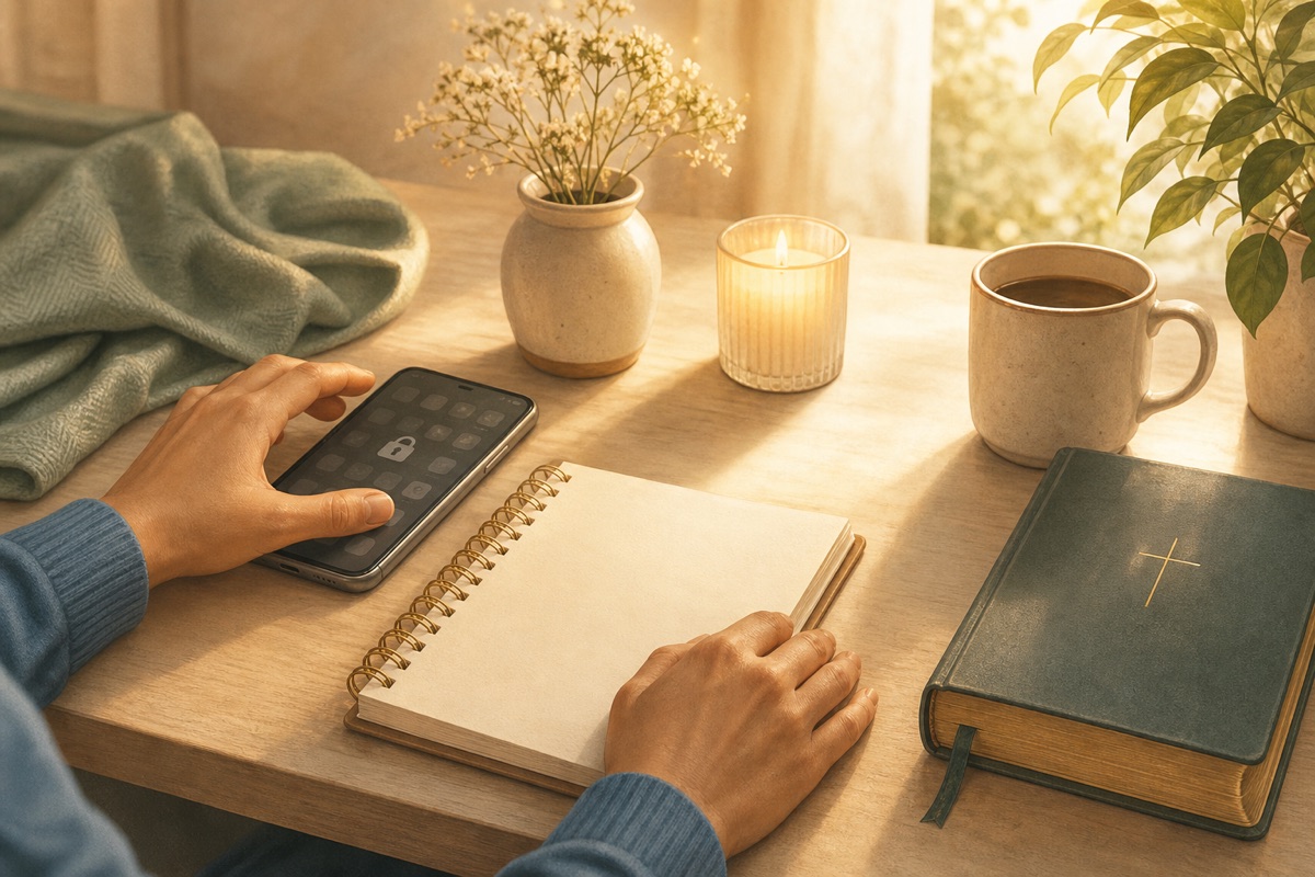 Mesa com celular bloqueado, Bíblia, caderno de oração e luz suave para jejum digital cristão
