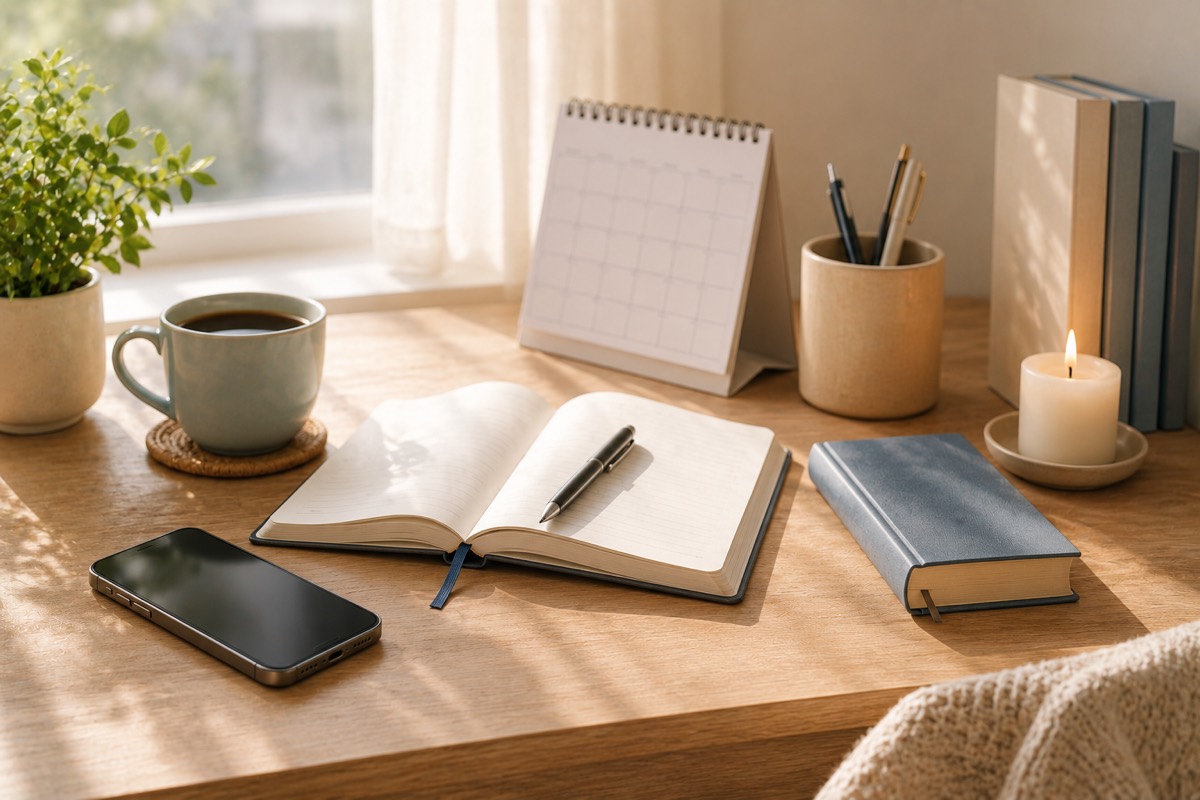 Mesa organizada para rotina diária de oração com caderno, Bíblia, calendário e celular