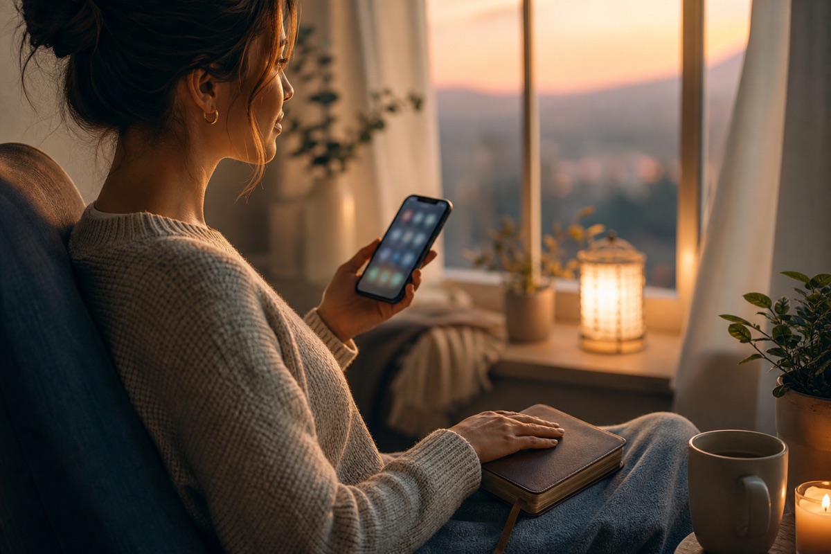 Pessoa segurando celular e escolhendo uma pausa de oração antes das redes sociais