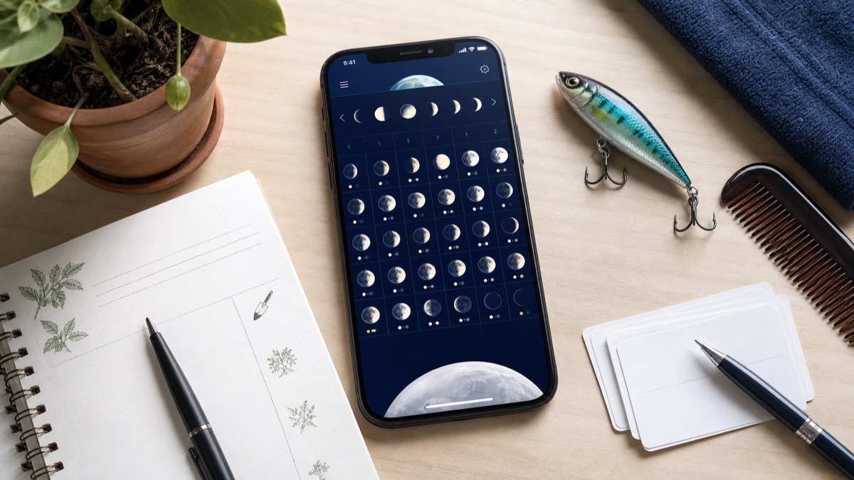 Celular com calendário lunar ao lado de objetos de rotina, planta, pesca e cuidado pessoal