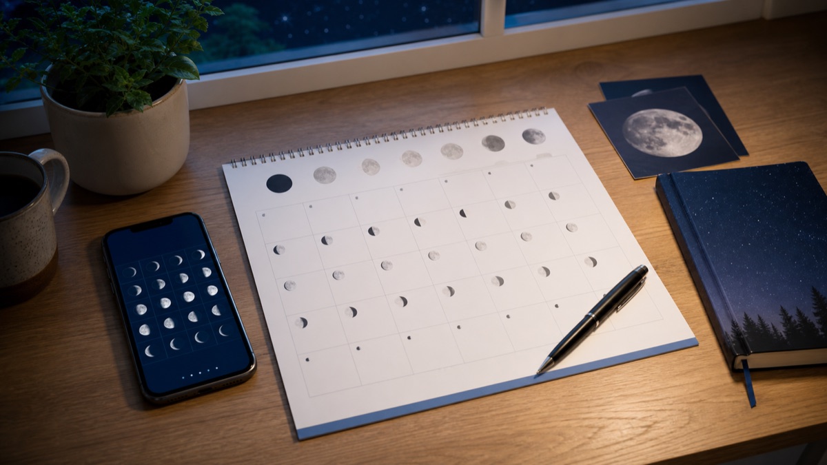 Calendário mensal com fases da Lua, celular e material de planejamento sobre uma mesa