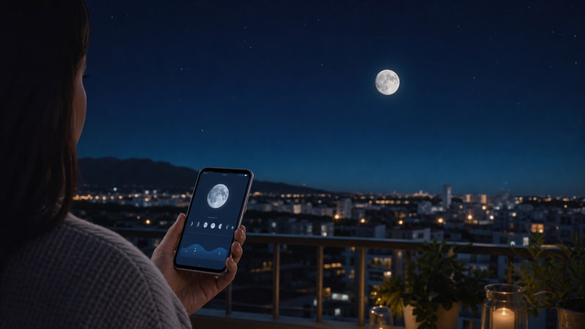 Pessoa consultando a fase da Lua de hoje no celular enquanto observa o céu noturno
