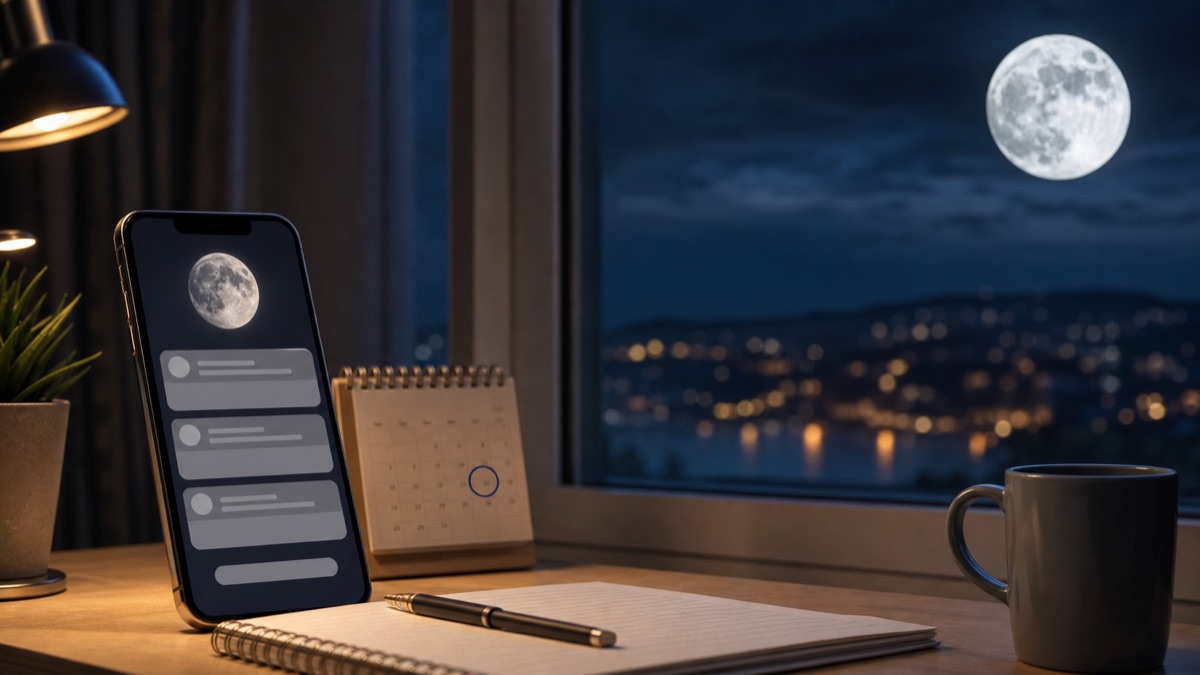 Celular com aviso lunar, calendário e Lua Cheia vista pela janela