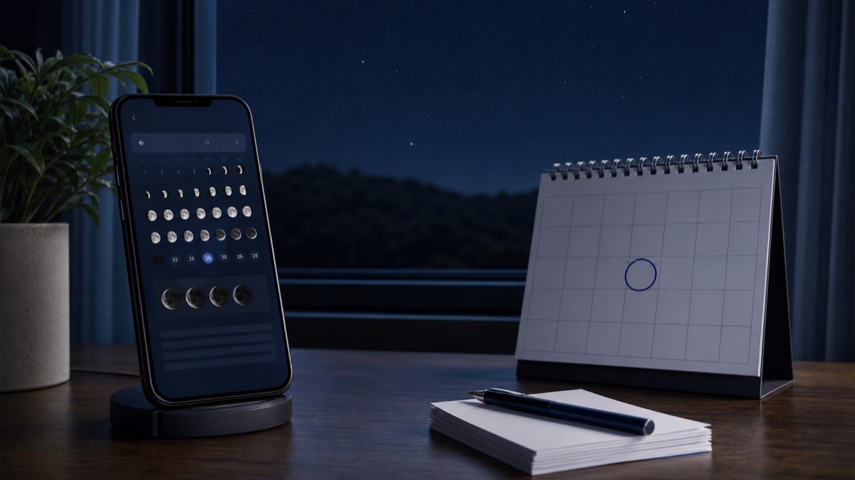 Celular com calendário lunar em uma mesa durante noite escura, representando a próxima Lua Nova