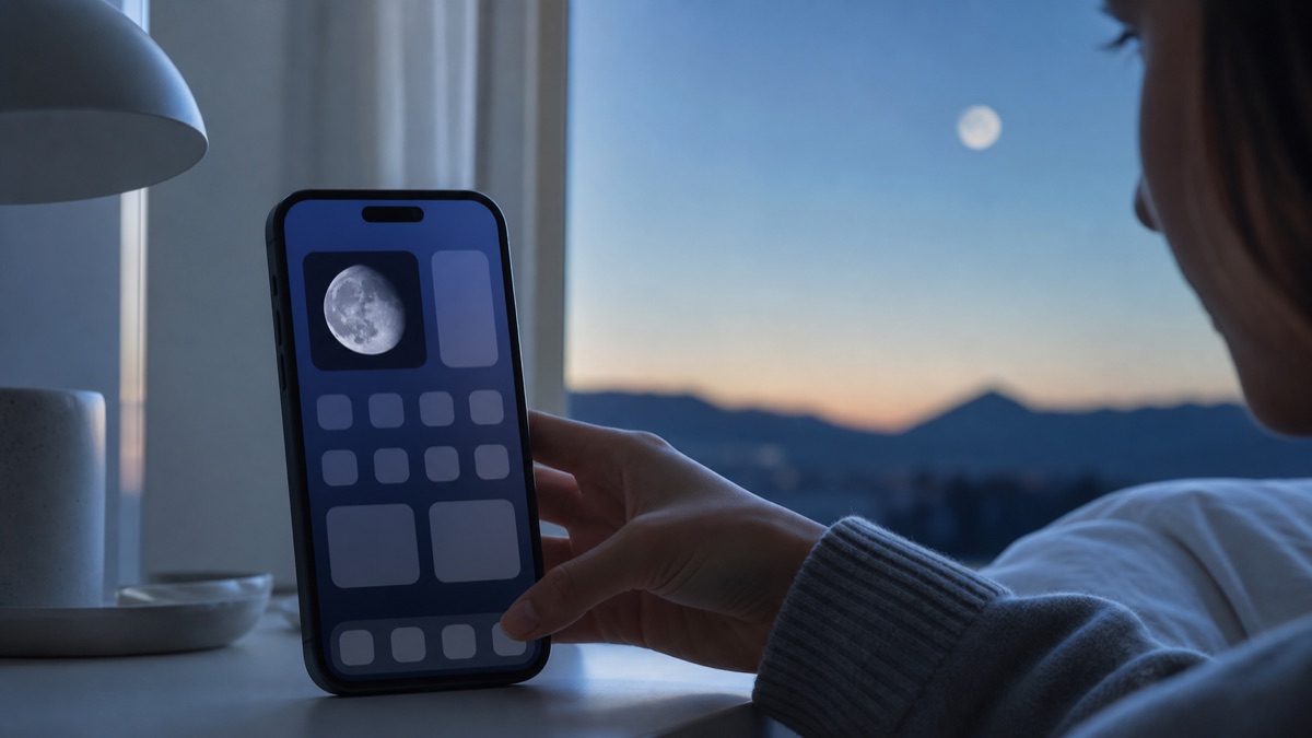Pessoa olhando widget de fase da Lua no iPhone durante o amanhecer