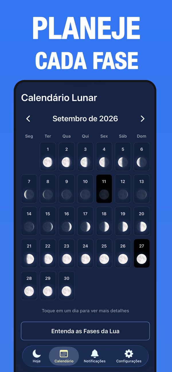 Calendário lunar mensal com fases da Lua em cada dia