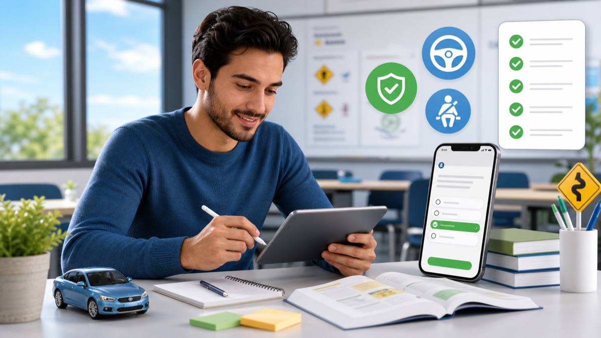 Pessoa estudando para a prova teórica do Detran com celular, checklist e materiais de direção