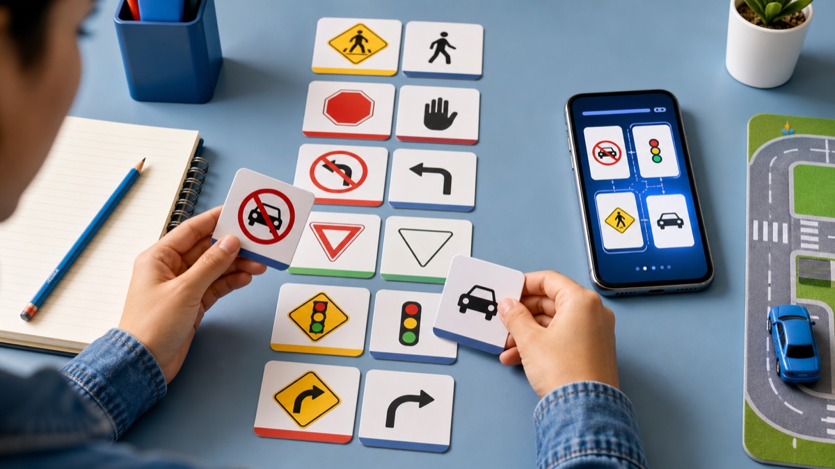 Pessoa estudando placas de trânsito com cartões e jogo de memorização no celular