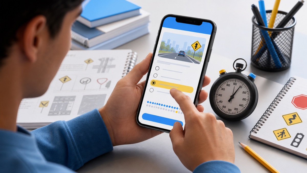 Pessoa fazendo simulado de prova teórica da CNH no celular com cronômetro e material de estudo