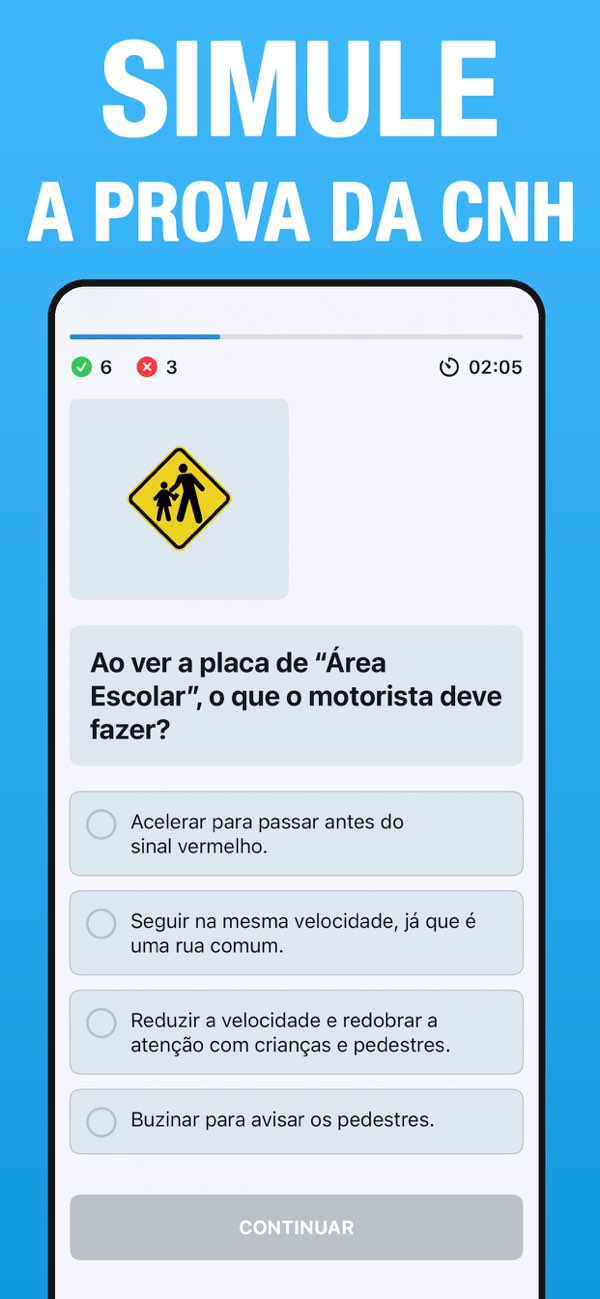 Simulado da prova da CNH com questão sobre placa de área escolar