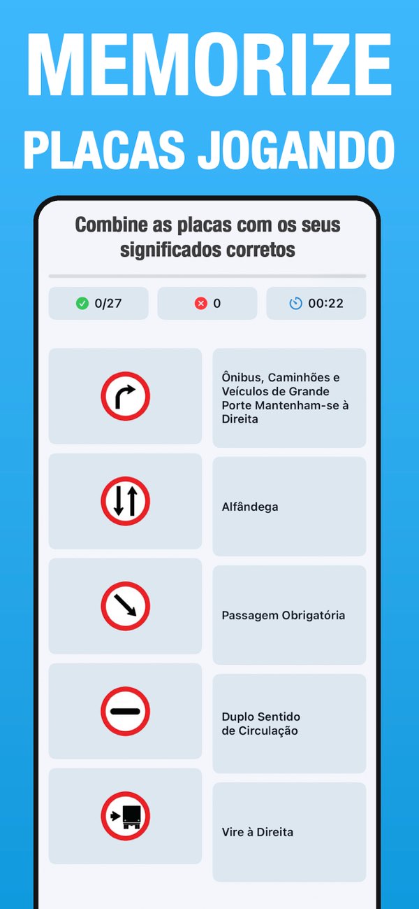 Jogo de placas de trânsito para memorizar significados